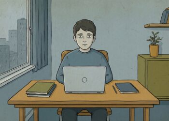 Pessoa diante do computador com olhar fixo e expressão neutra, ilustrando o estado de quem continua cumprindo tarefas mesmo emocionalmente esgotado.
