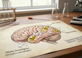 Representação de cérebro humano em laboratório com placas de beta-amiloide sendo alvo de células imunológicas modificadas, ilustrando o avanço da terapia CAR-T contra a doença de Alzheimer