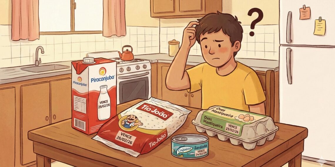 Alimentos próximos ao vencimento organizados na cozinha mostram que nem tudo precisa ser descartado imediatamente após a data impressa na embalagem.