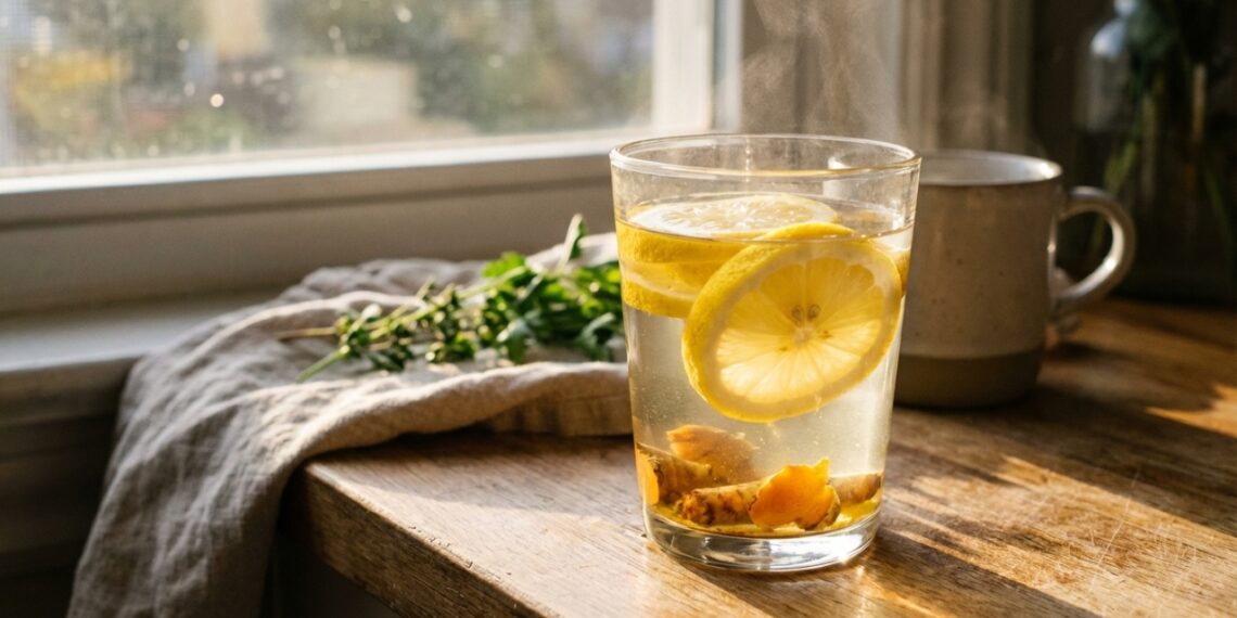 Água morna com limão e cúrcuma: bebida matinal que estimula as enzimas hepáticas e oferece ação anti-inflamatória natural para apoiar a desintoxicação do fígado e dos rins