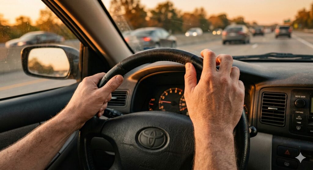 Mãos no volante com sensação de dormência, um sinal que pode envolver a saúde dos nervos