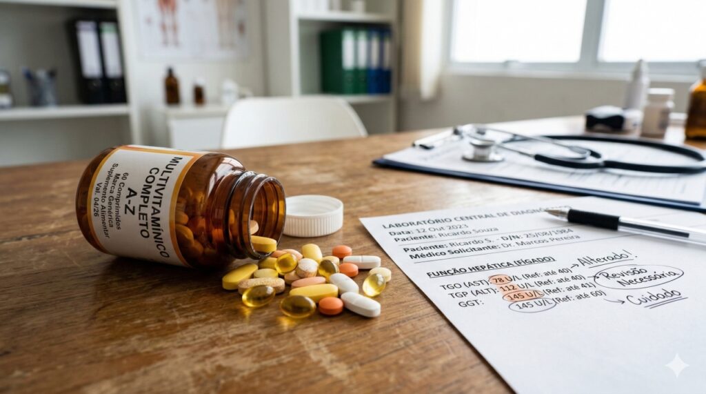 Exames de sangue que medem enzimas hepáticas ajudam a identificar sinais precoces de sobrecarga no fígado causada por suplementos.