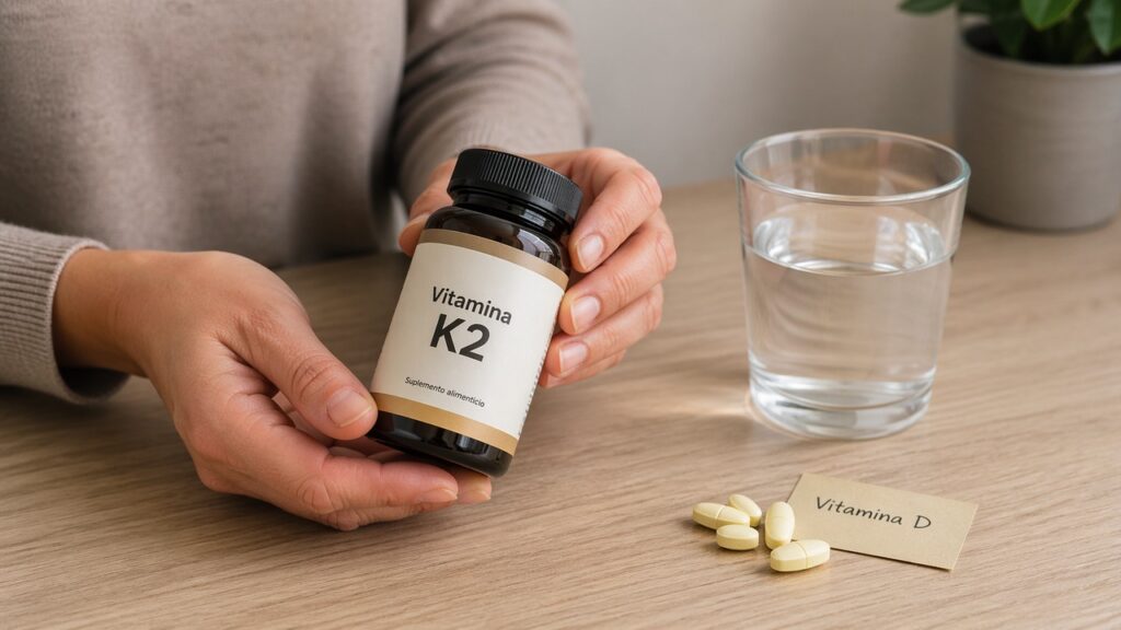 Mãos segurando vitamina K2 ao lado de vitamina D e copo de água.