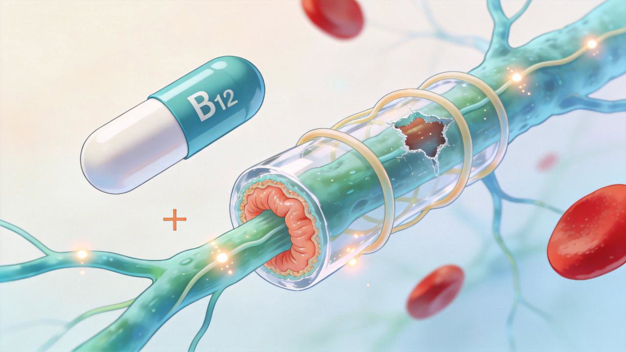 Vitamina B12 participa da mielina e da condução adequada dos nervos.