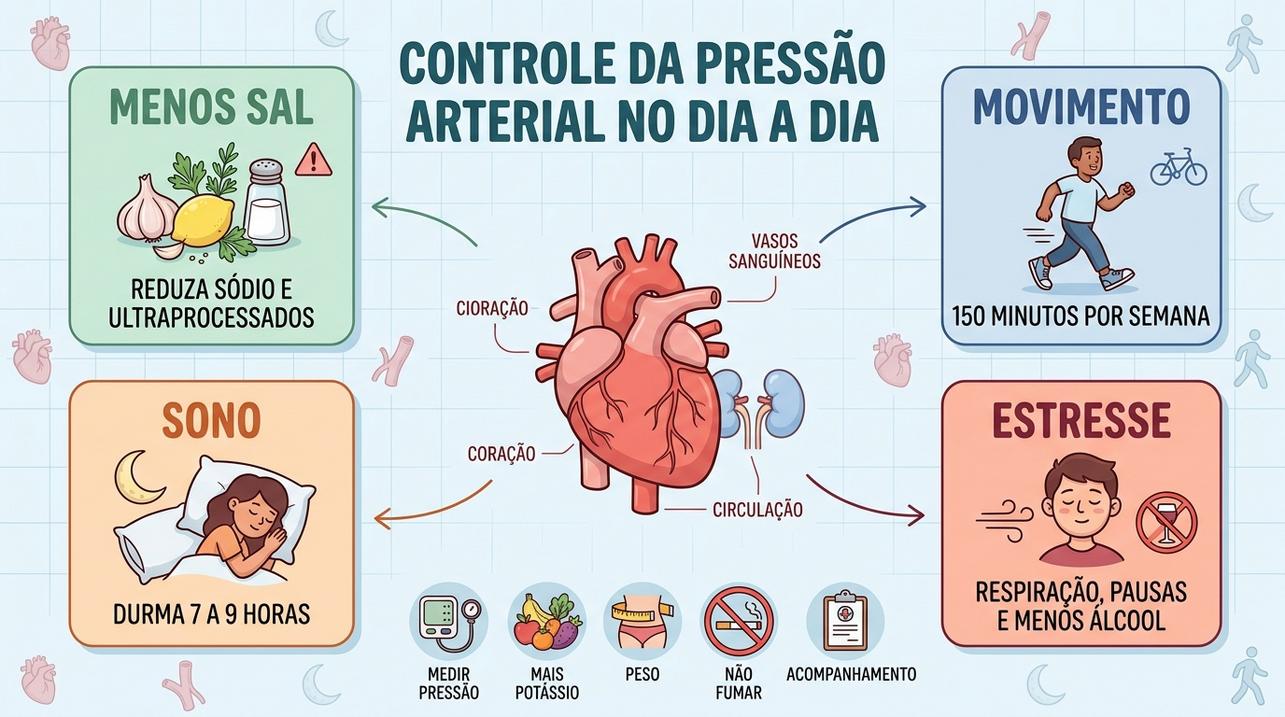 Quatro pilares do controle pressórico: menos sal, exercício, sono e estresse.