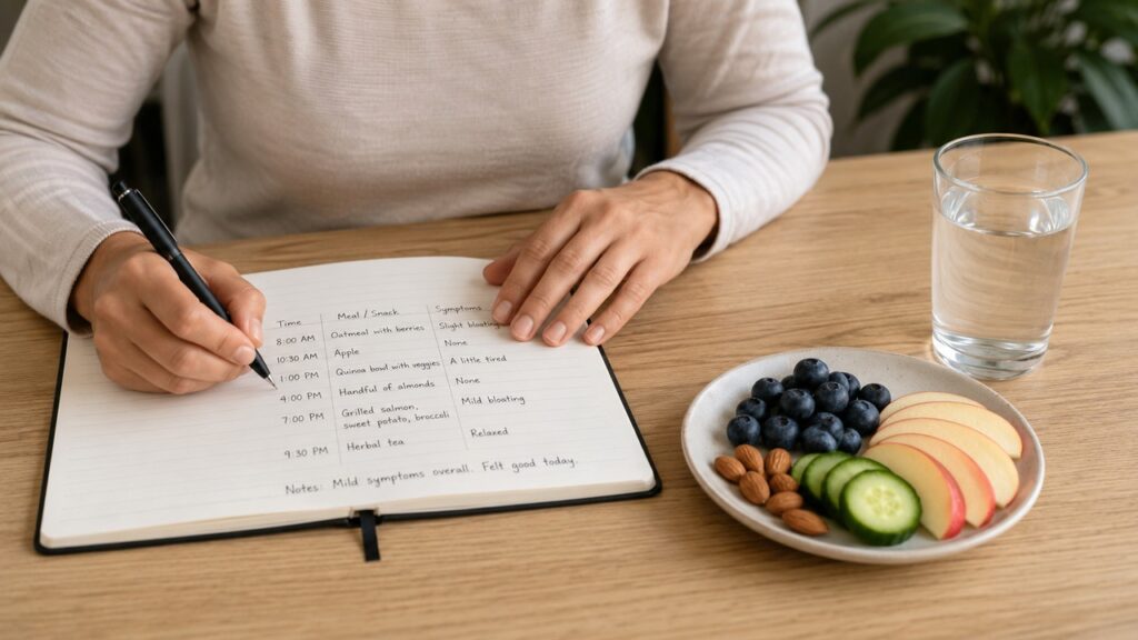 Foto realista de uma pessoa anotando horários de alimentação e sintomas leves em um caderno, prato saudável pequeno e copo de água ao lado, ambiente doméstico neutro, foco nas mãos, sem mostrar o rosto.