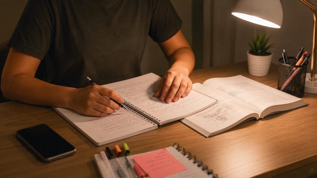 Revisar sem excesso de estímulos antes do descanso pode favorecer a consolidação do aprendizado.