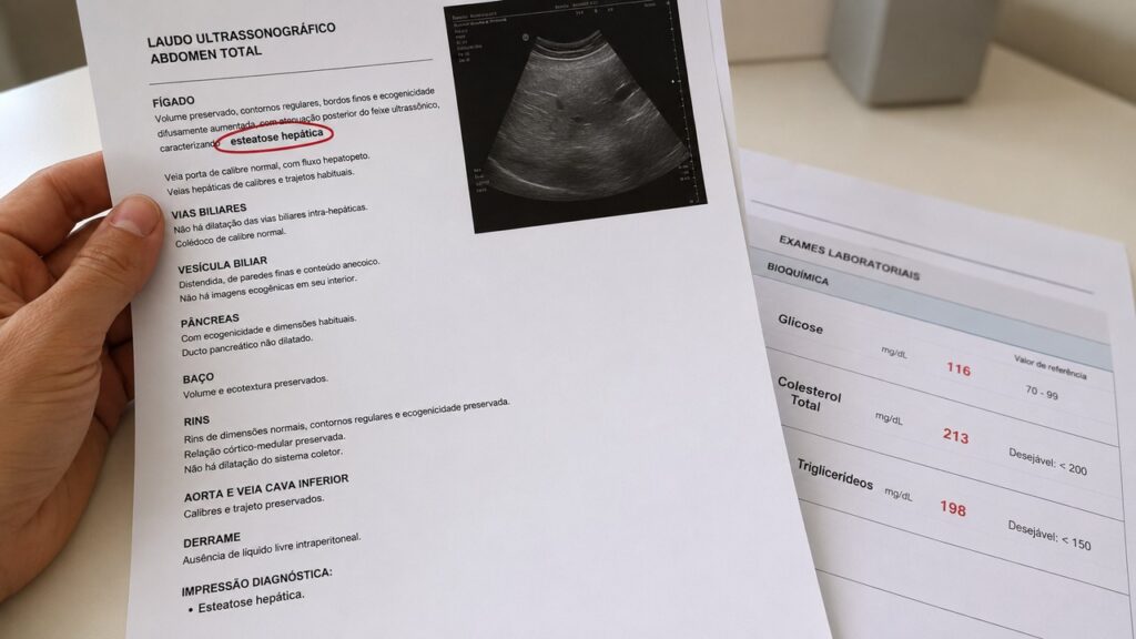 Após o achado no ultrassom, exames metabólicos ajudam a orientar os próximos cuidados.