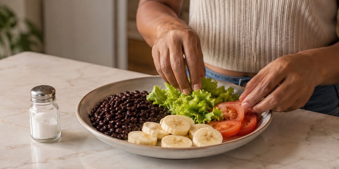 Equilibrar alimentos ricos em potássio e reduzir o excesso de sal ajuda no cuidado diário da pressão.