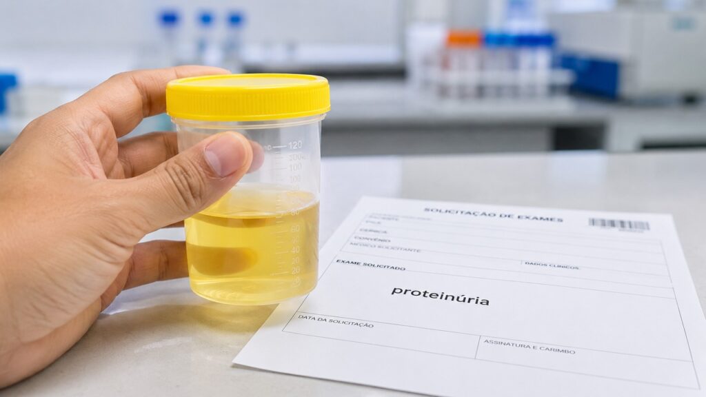 O exame de urina ajuda a confirmar se há perda de proteína e orientar a investigação dos rins.