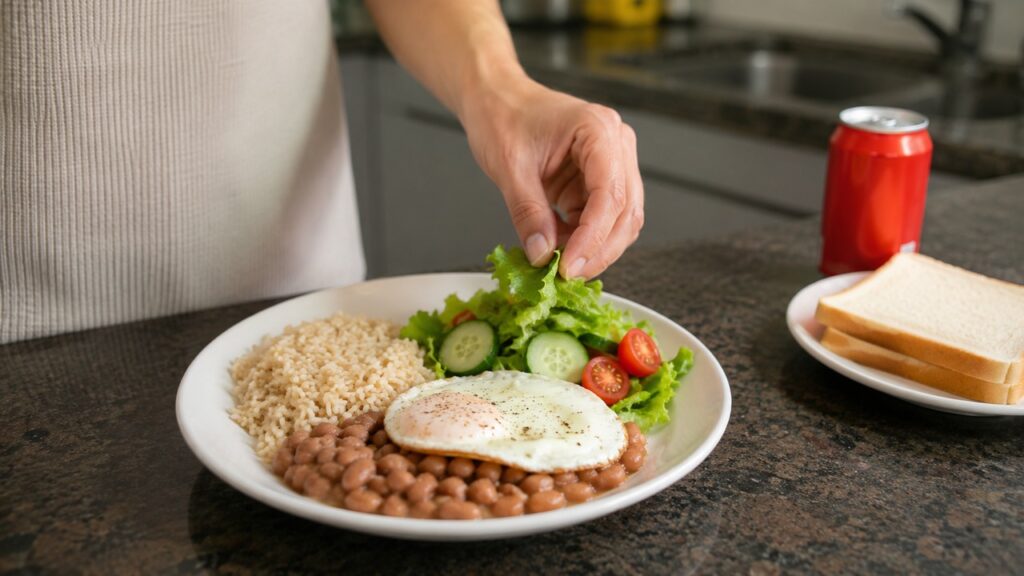 Um prato com mais fibras e proteína pode ajudar a reduzir picos de glicose e fome precoce.