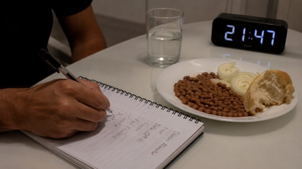 Registrar alimentos e horários ajuda a identificar padrões de gases, distensão e desconforto.
