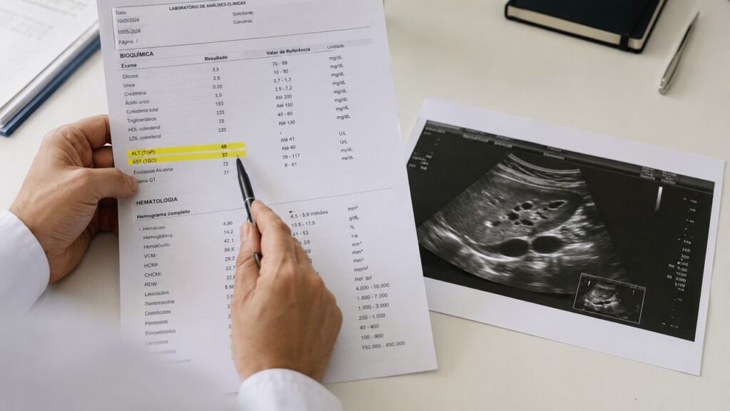 Exames de sangue e ultrassom ajudam a levantar suspeita de gordura no fígado e orientar a avaliação médica.