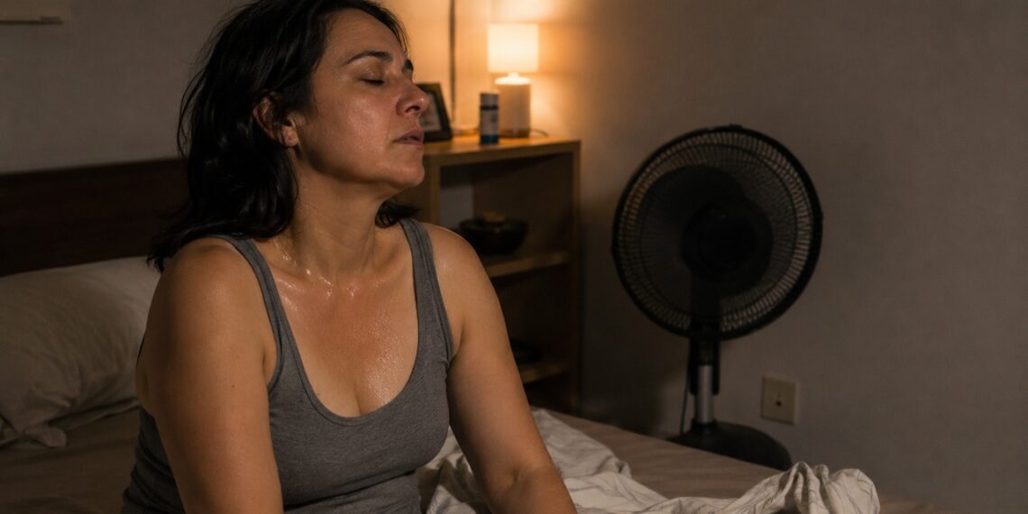 O suor noturno em ondas pode indicar fogacho da menopausa, mesmo quando o quarto não está quente.
