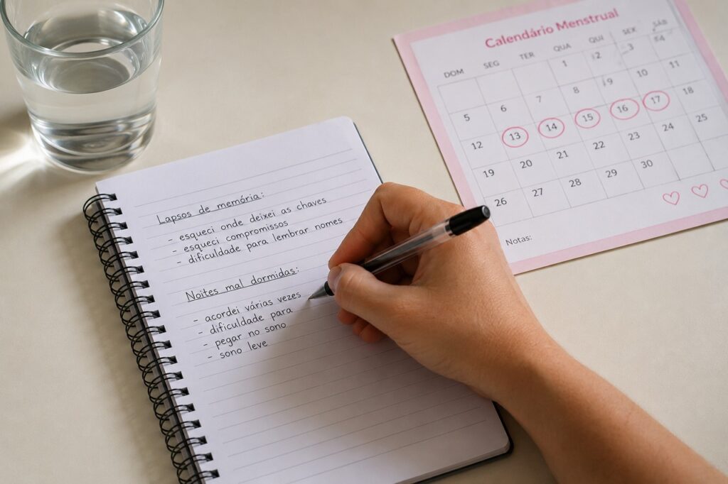 Registrar esquecimentos, sono e sintomas da menopausa ajuda a orientar a investigação no atendimento.