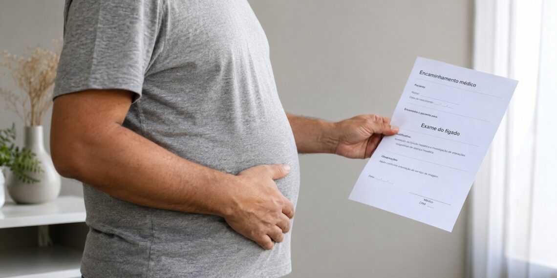 Barriga inchada persistente pode ser um alerta para investigar gordura no fígado e fibrose avançada.
