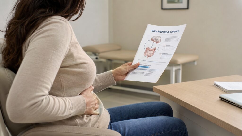 O eixo intestino-cérebro é estudado como possível ligação entre microbiota, inflamação e fadiga na Long COVID.