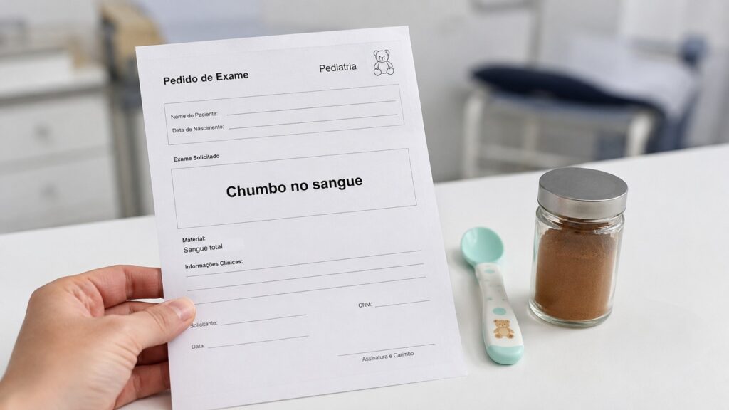 A suspeita de exposição ao chumbo pode exigir avaliação pediátrica e exame específico.