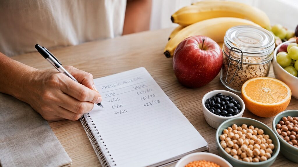 Registrar a pressão e melhorar a alimentação ajuda a identificar padrões no dia a dia.