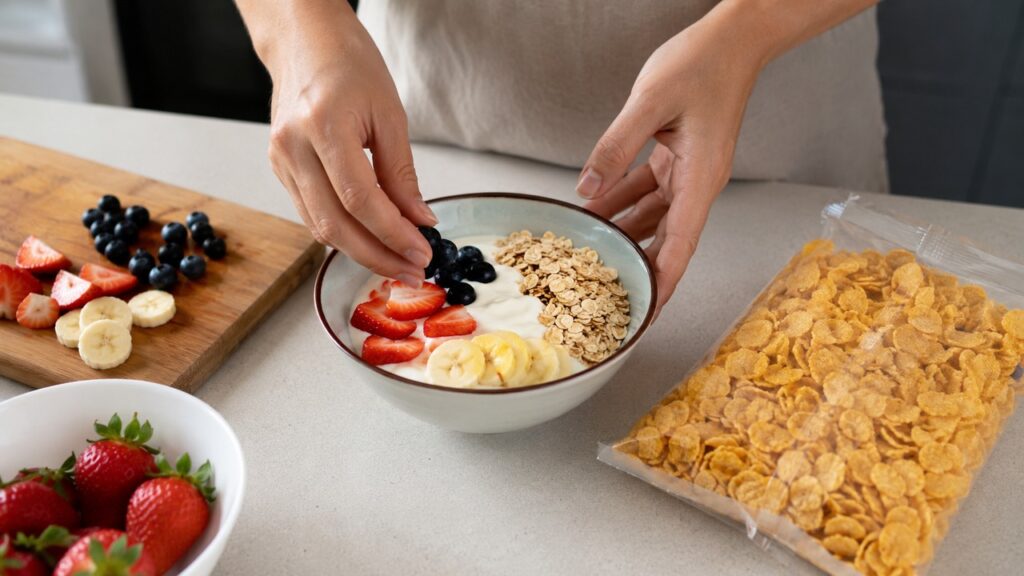 Um lanche com menos açúcar e mais fibras ajuda a tornar a rotina alimentar mais equilibrada.