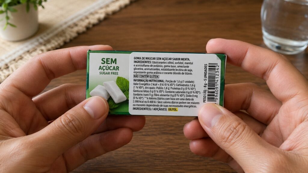 Ler rótulos ajuda a perceber a presença de xilitol em produtos consumidos no dia a dia.