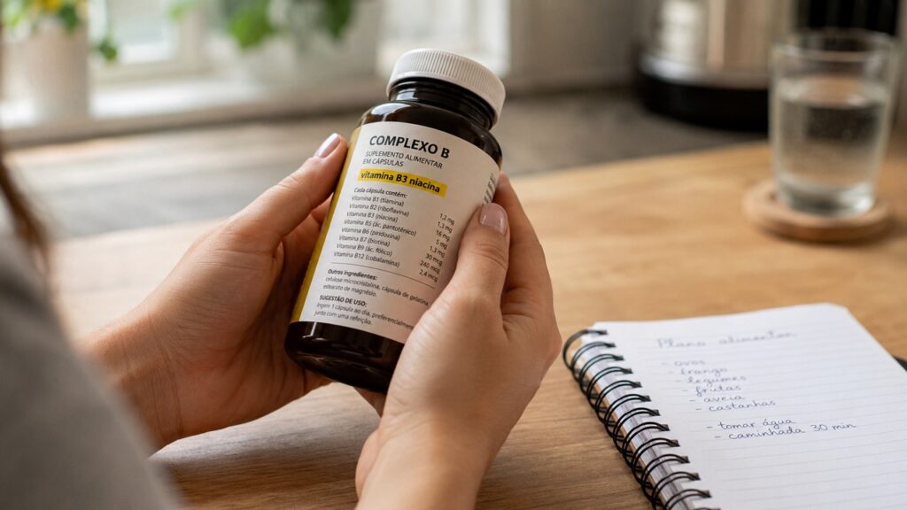 Ler rótulos ajuda a perceber quando a vitamina B3 se repete em diferentes suplementos.