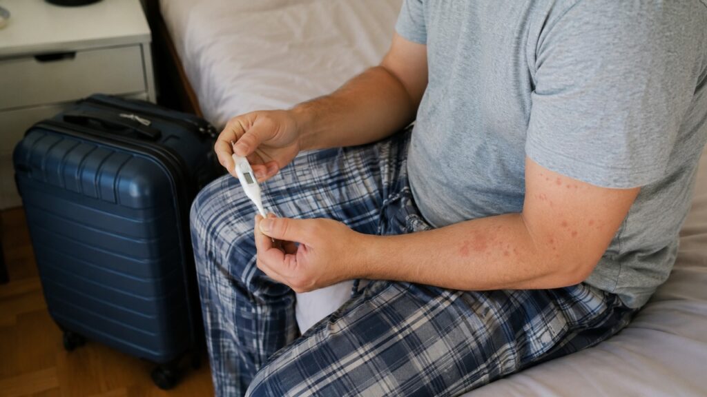 Febre com manchas após viagem ou contato de risco deve ser avaliada com atenção.