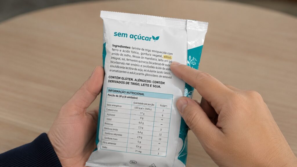 Ler o rótulo ajuda a identificar onde o xilitol aparece no dia a dia.