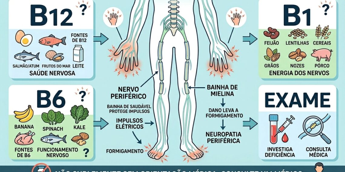 Qual deficiência de vitamina causa formigamento nas mãos e nos pés?