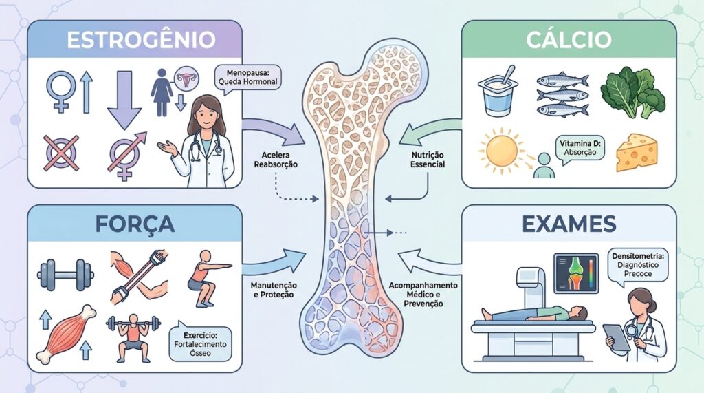 A osteoporose em mulheres na menopausa não se deve apenas à baixa ingestão de cálcio, mas sim à queda do estrogênio, que regula a absorção do mineral nos ossos