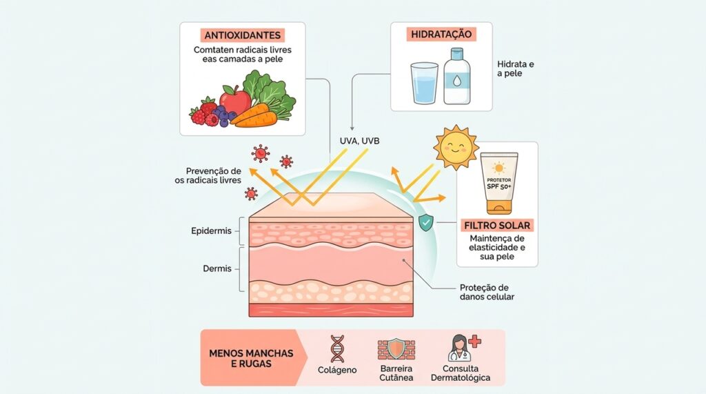 Para proteger a pele, o corpo precisa de antioxidantes, hidratação e proteção solar
