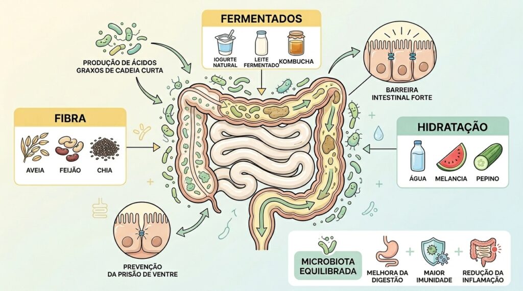 Para equilibrar o intestino, o corpo precisa de fibras, alimentos fermentados e boa hidratação