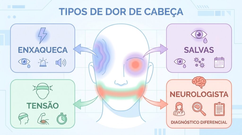 Como diferenciar entre enxaqueca e outras dores de cabeça, como cefaleia tensional ou em salvas