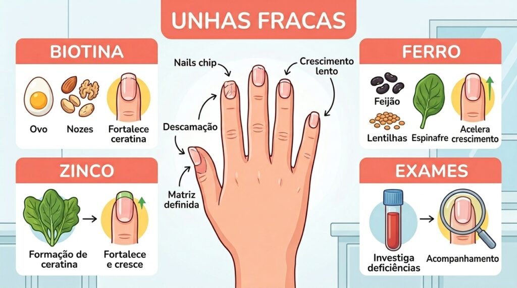 Qual deficiência de vitamina causa unhas quebradiças e de crescimento lento?