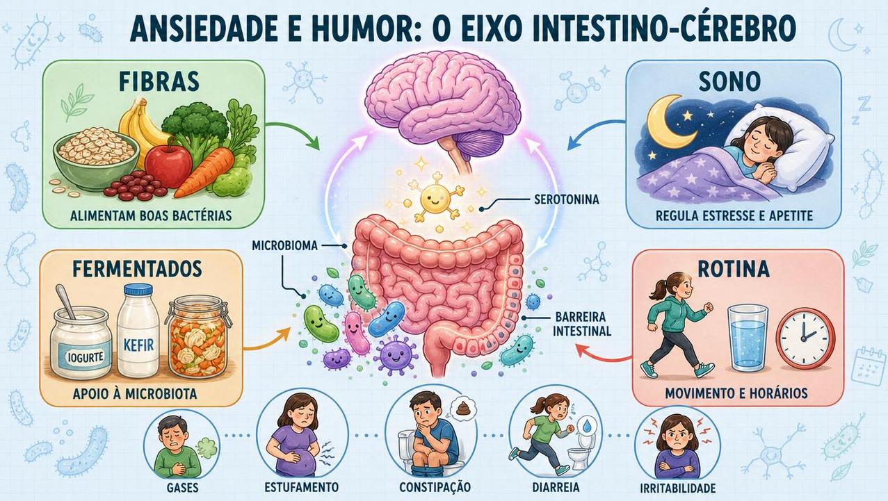 Fibras, sono, fermentados e rotina sustentam o eixo intestino-cérebro.