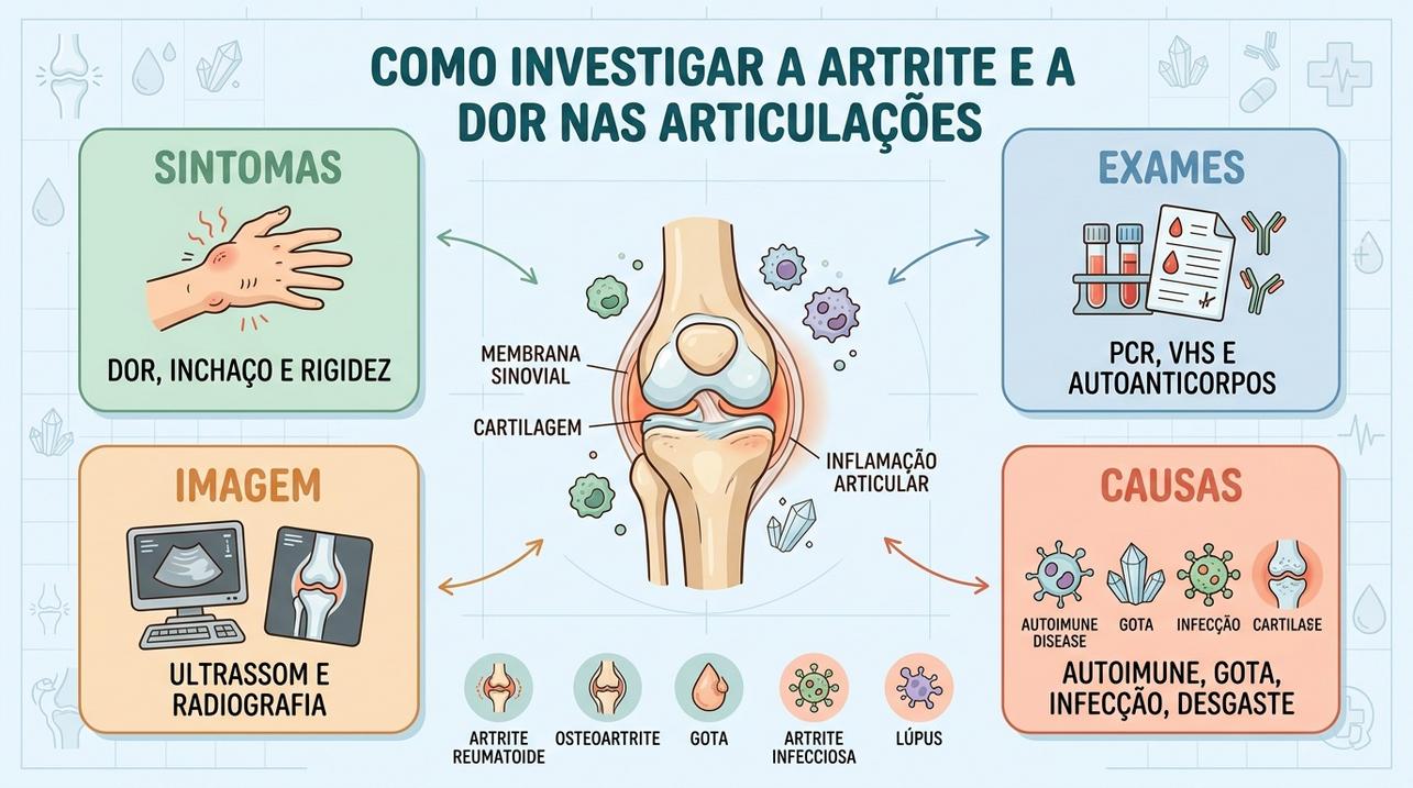 Sintomas, exames, imagem e causas orientam a investigação da artrite.