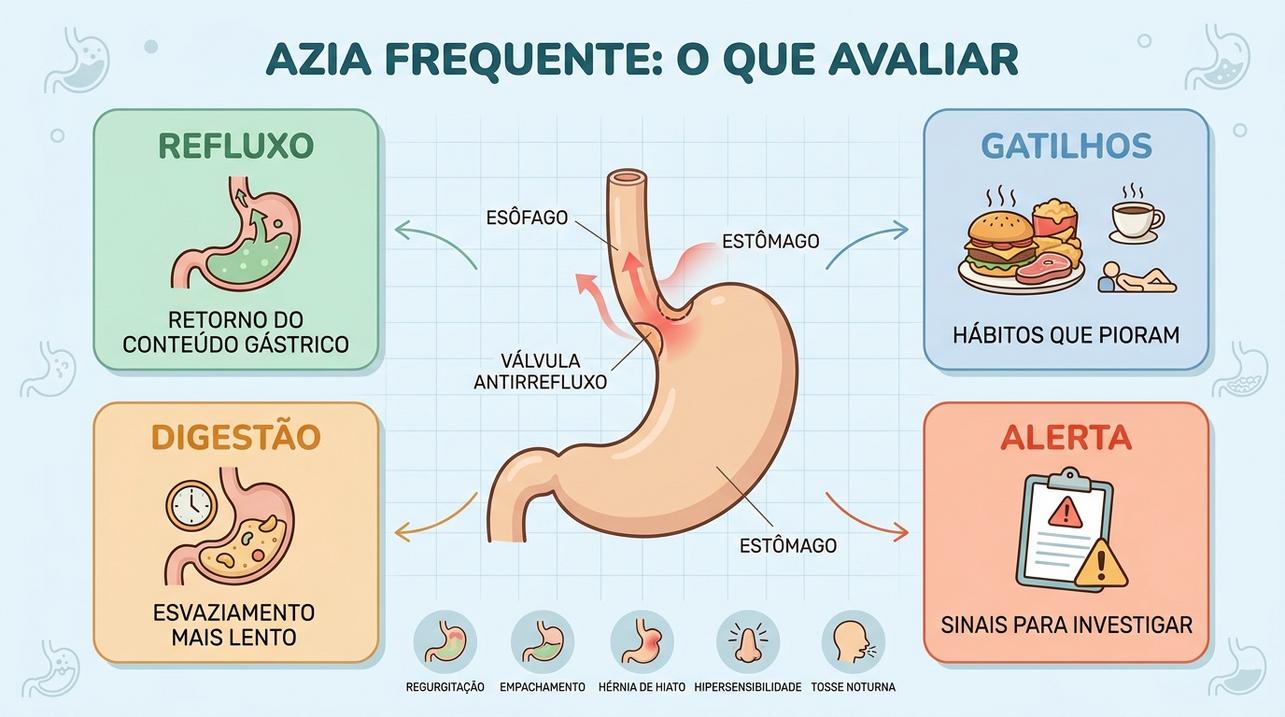 Infográfico resume refluxo, gatilhos, digestão lenta e sinais de alerta.