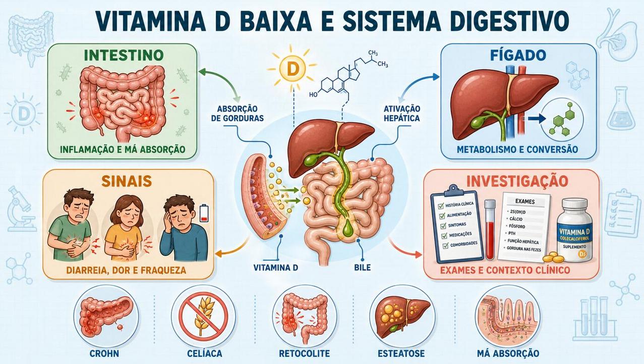 Infográfico mostra intestino, fígado, sinais clínicos e investigação da deficiência.