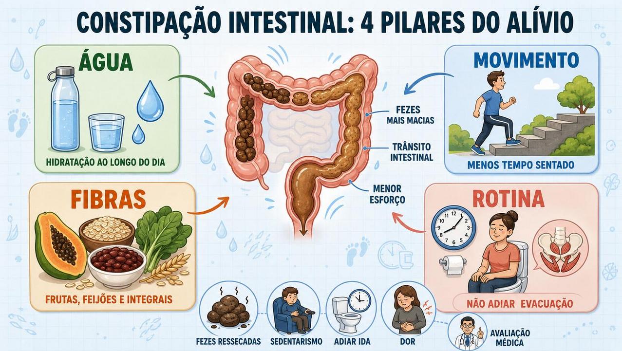Infográfico resume hidratação, movimento, fibras e rotina para aliviar a constipação.