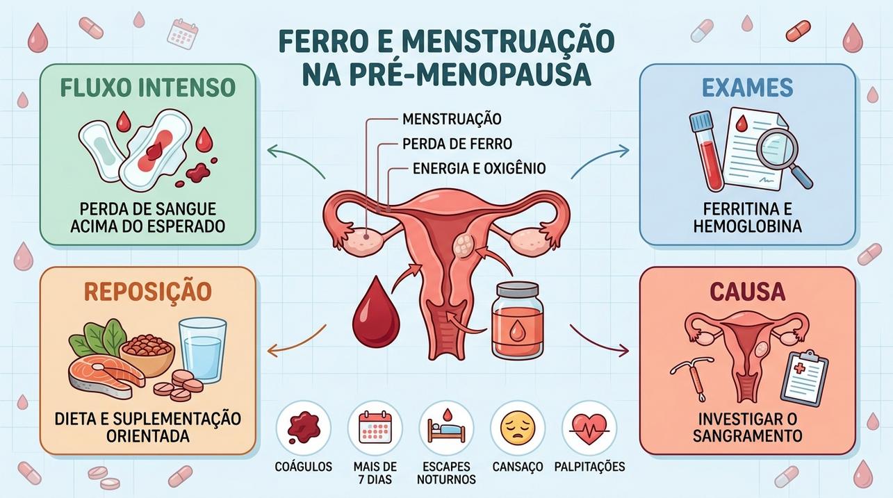 Infográfico resume sinais, exames, reposição e causas da perda de ferro.