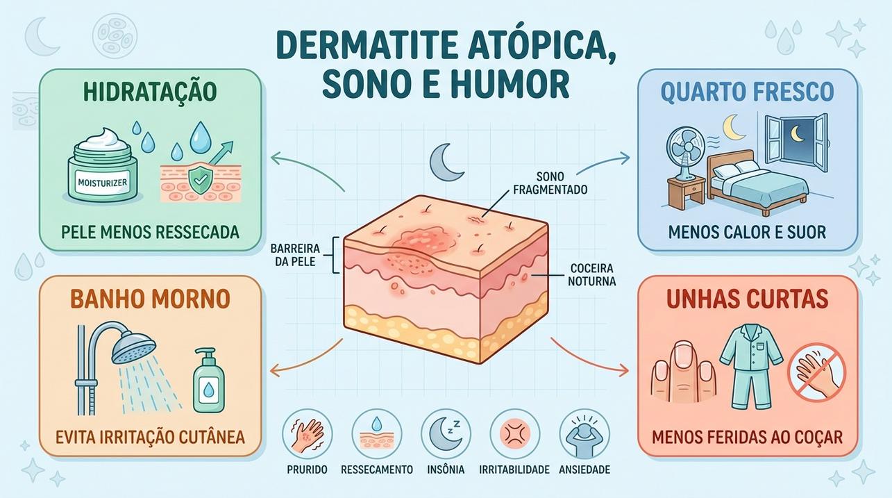 Hidratação, banho morno, quarto fresco e unhas curtas ajudam à noite.