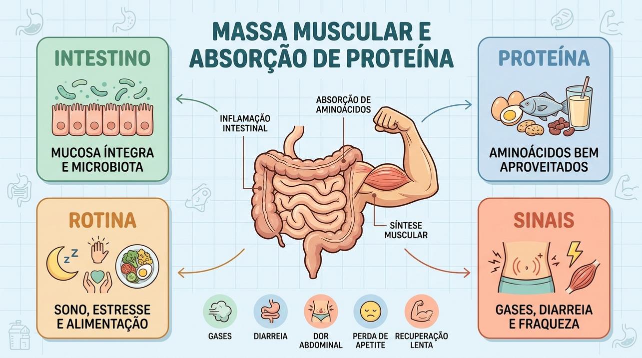 Infográfico mostra intestino, proteína, rotina e sinais ligados ao ganho muscular.