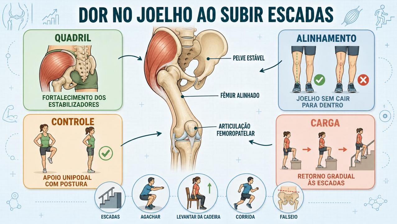 Quadril forte, bom alinhamento, controle e manejo da carga ajudam o joelho.