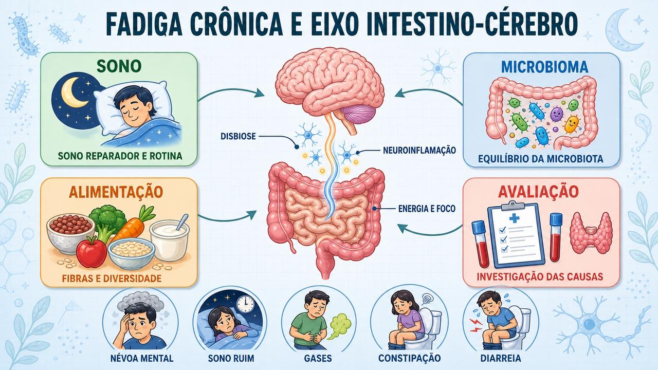 Sono, microbioma, alimentação e avaliação clínica formam pilares contra a fadiga.