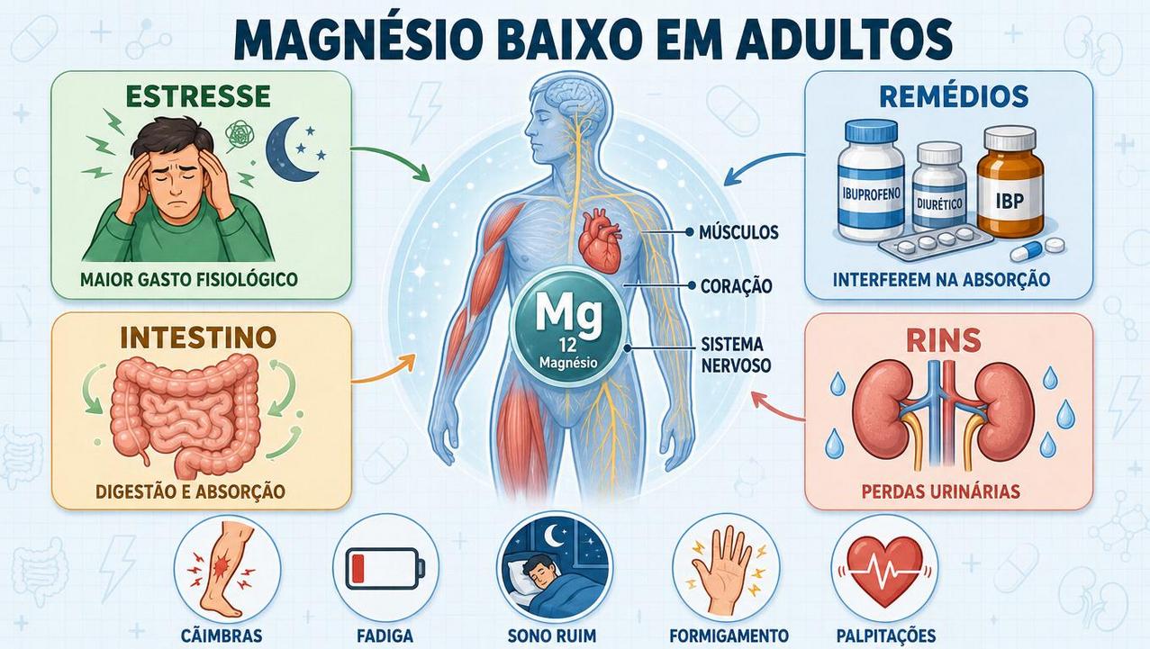 Quatro fatores influenciam o magnésio: estresse, remédios, intestino e rins.