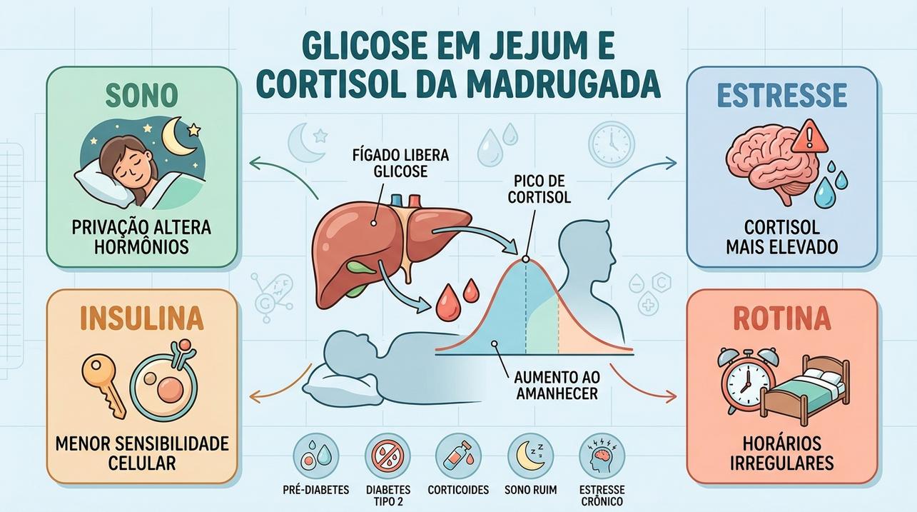 Sono, estresse, insulina e rotina influenciam a glicose da madrugada.