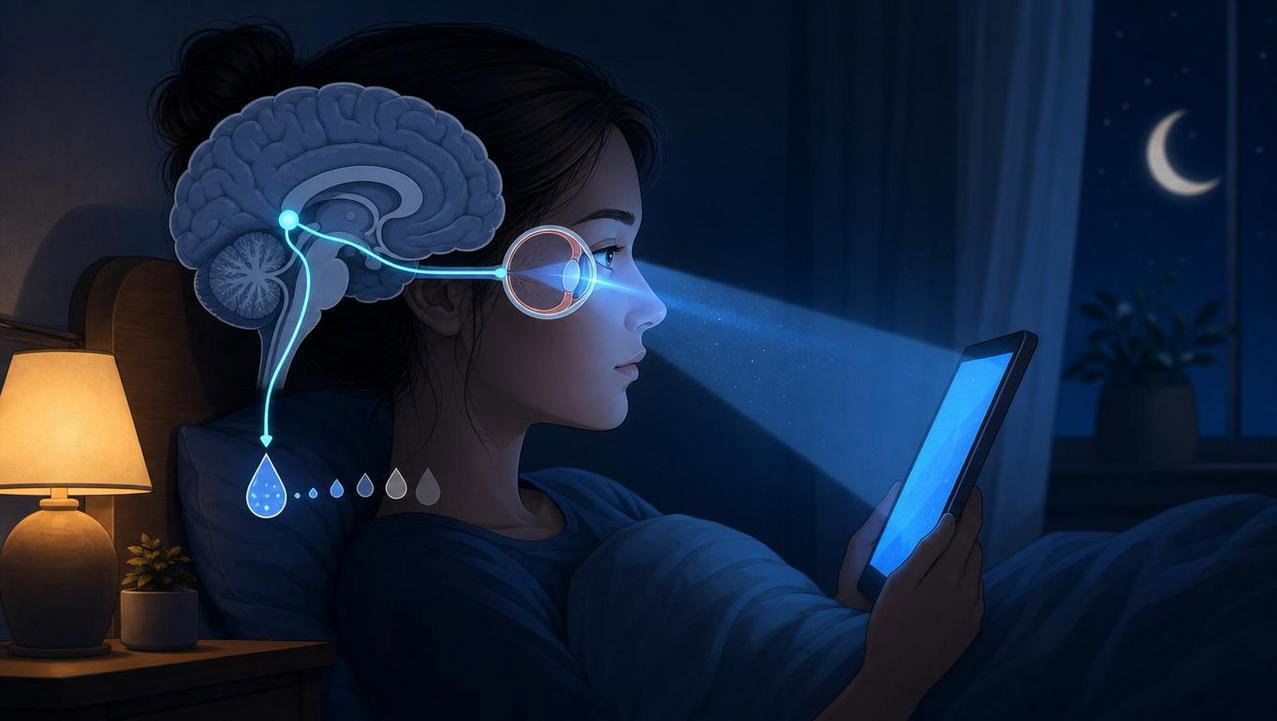 Luz azul noturna reduz a melatonina e desregula o relógio biológico.