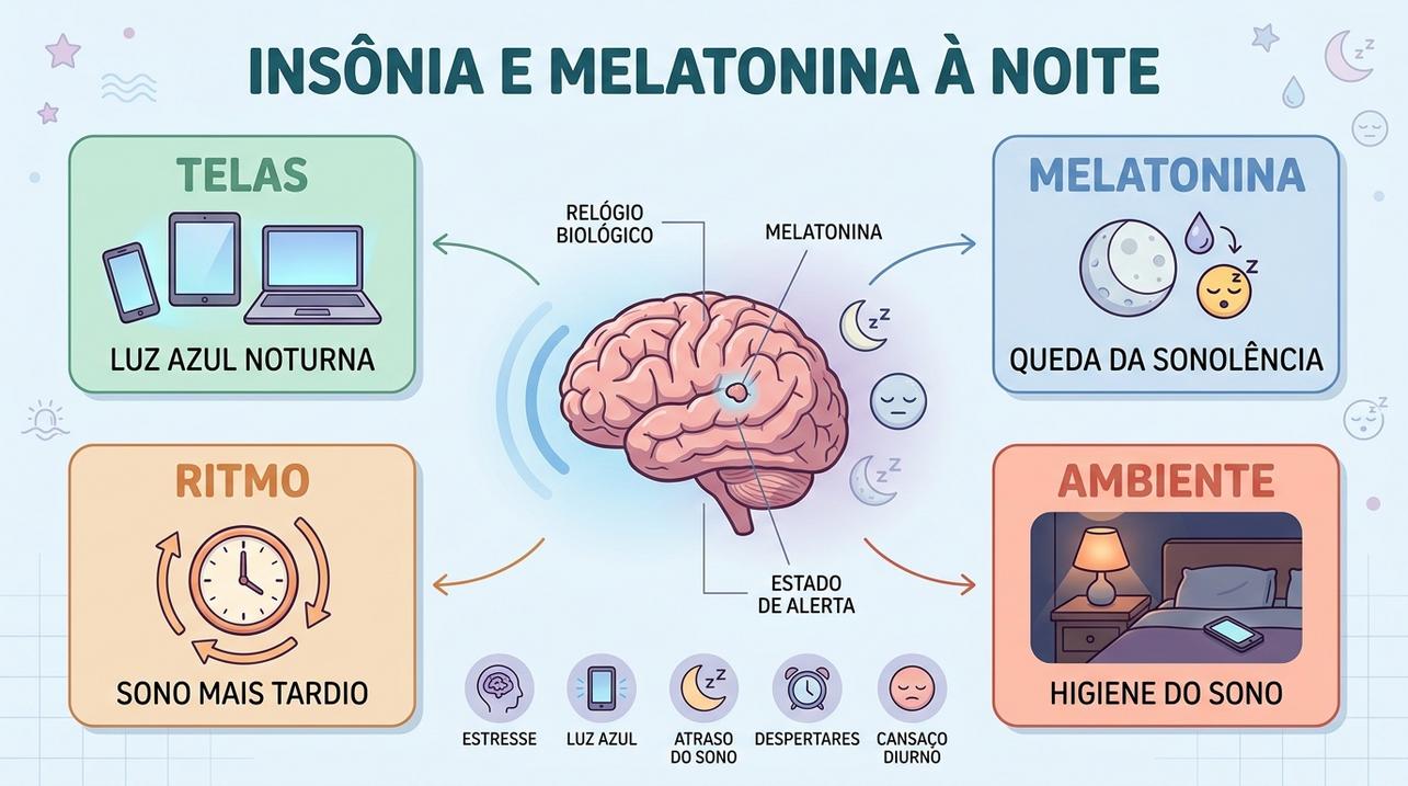 Infográfico mostra telas, melatonina, ritmo circadiano e ambiente noturno saudável.