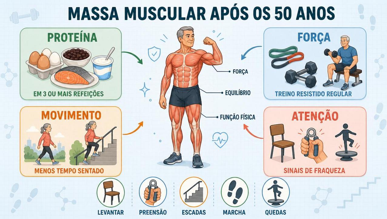 Quatro pilares contra sarcopenia: proteína, força, movimento e atenção aos sinais.