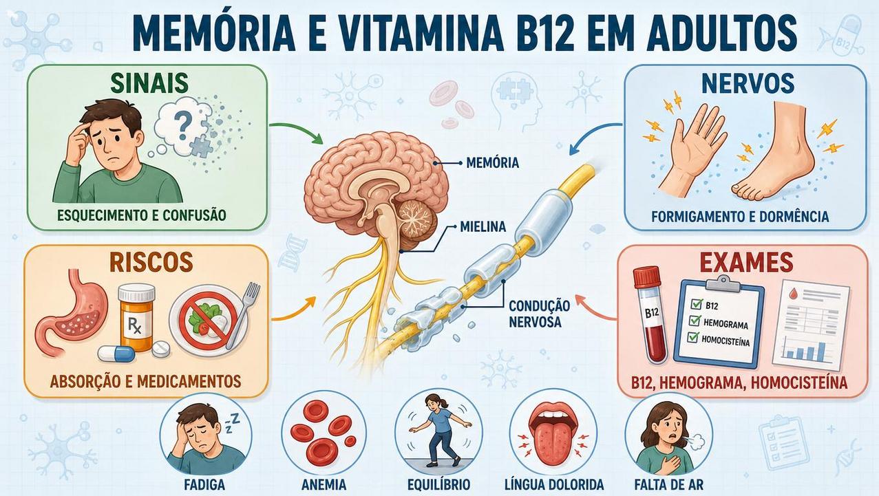 Infográfico resume sinais, riscos, exames e impacto da B12 na mielina.